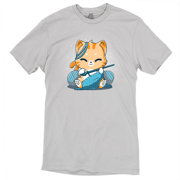 Premium Cotton T-shirt_TeeTurtle Crochet Kitty silver gray apparel featuring a cute orange cat crocheting something and surrounded by yarn balls.