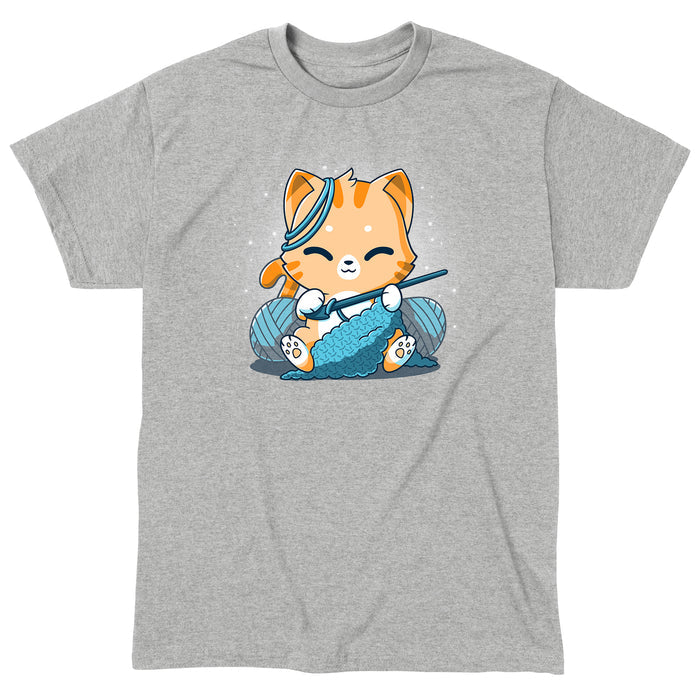 Classic Cotton T-shirt_TeeTurtle Crochet Kitty heather gray apparel featuring a cute orange cat crocheting something and surrounded by yarn balls.