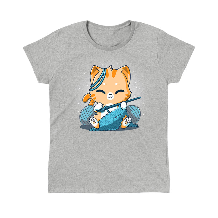Classic Cotton T-shirt_TeeTurtle Crochet Kitty heather gray apparel featuring a cute orange cat crocheting something and surrounded by yarn balls.