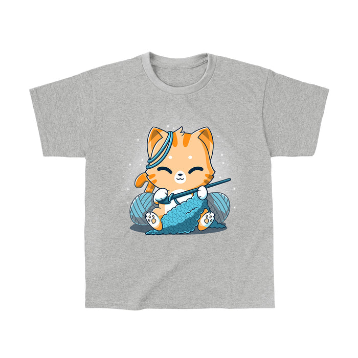 Classic Cotton T-shirt_TeeTurtle Crochet Kitty heather gray apparel featuring a cute orange cat crocheting something and surrounded by yarn balls.