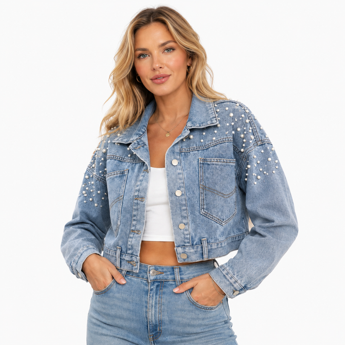 Women's cropped denim jacket with pearl stud embellishments, button front and structured shape for polished everyday styling.