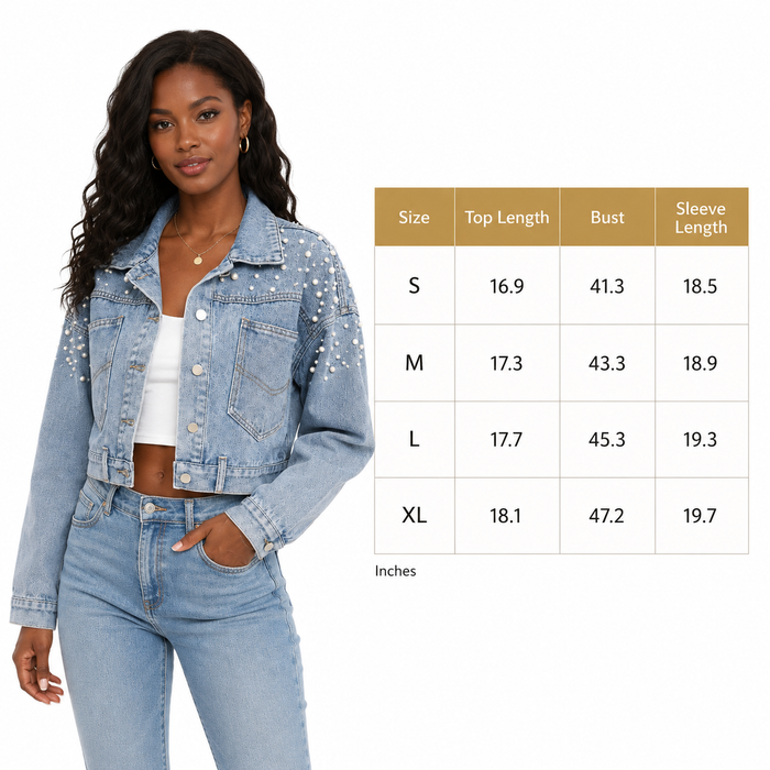 A woman wearing a light blue denim jacket with pearl embellishments and matching jeans, shown beside a size chart table with measurements for S, M, L, and XL.