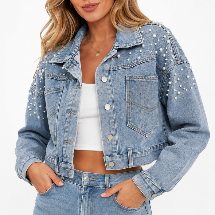 Pearl embellished cropped denim jacket for women with a clean button front, no-stretch structure and relaxed bust silhouette.