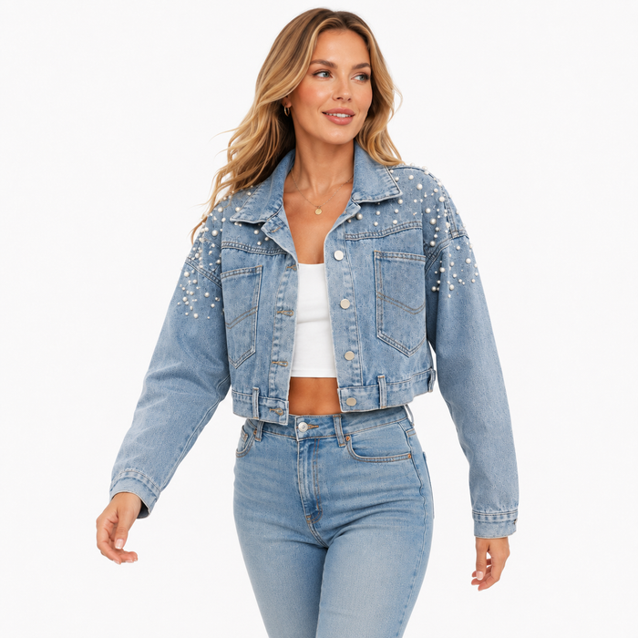 Front view of cropped denim jacket with evenly placed pearl studs, button closure, and a refined structured finish for women.