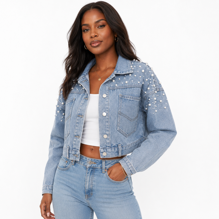 Women's cropped pearl denim jacket shown as a simple statement layer that elevates denim, dresses, and minimal daily outfits.