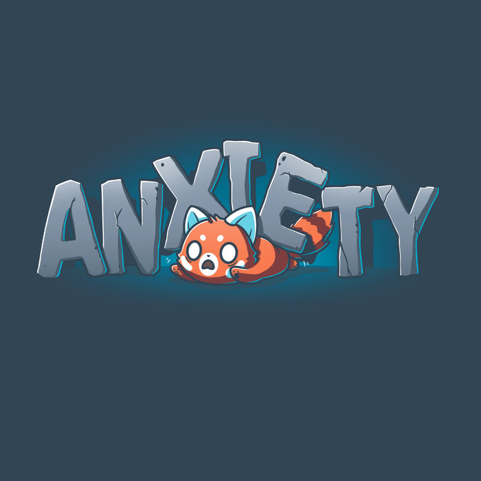 Premium Cotton T-shirt_TeeTurtle navy blue Crushing Anxiety featuring an anxious red panda being squished under giant letters made of stone that spell "Anxiety" on top of his body.