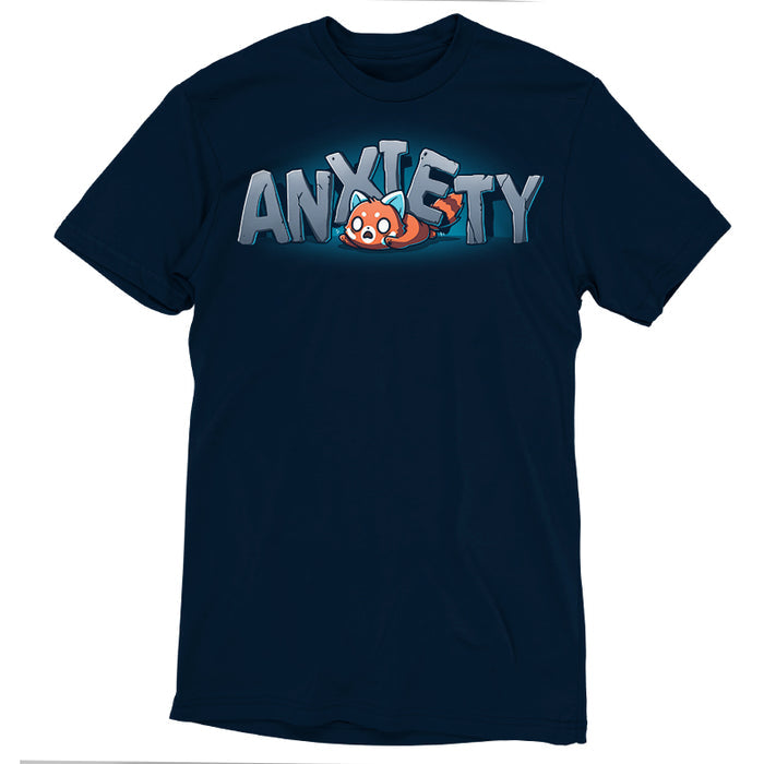 Premium Cotton T-shirt_TeeTurtle navy blue Crushing Anxiety featuring an anxious red panda being squished under giant letters made of stone that spell "Anxiety" on top of his body.