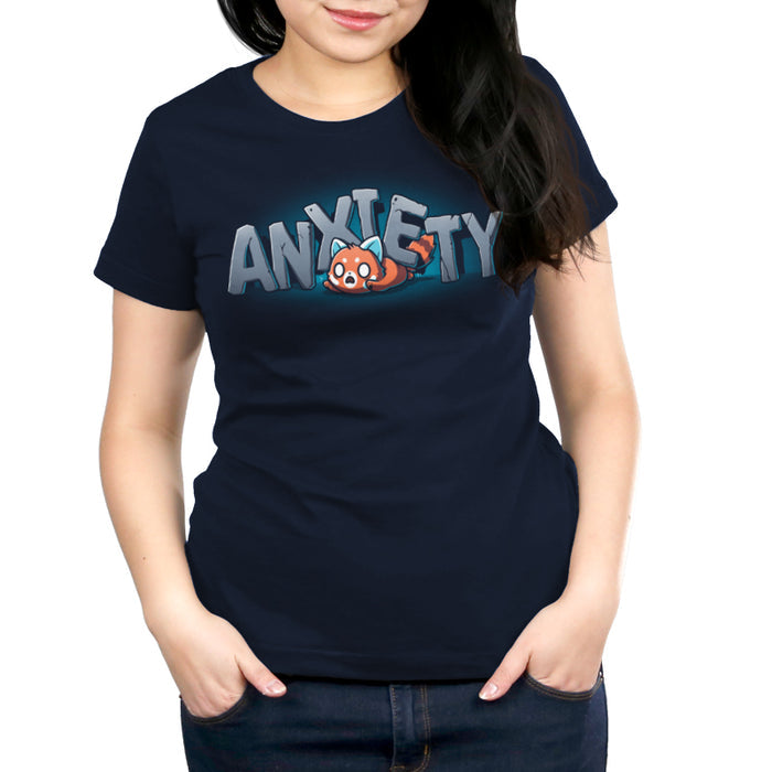 Premium Cotton T-shirt_TeeTurtle navy blue Crushing Anxiety featuring an anxious red panda being squished under giant letters made of stone that spell "Anxiety" on top of his body.