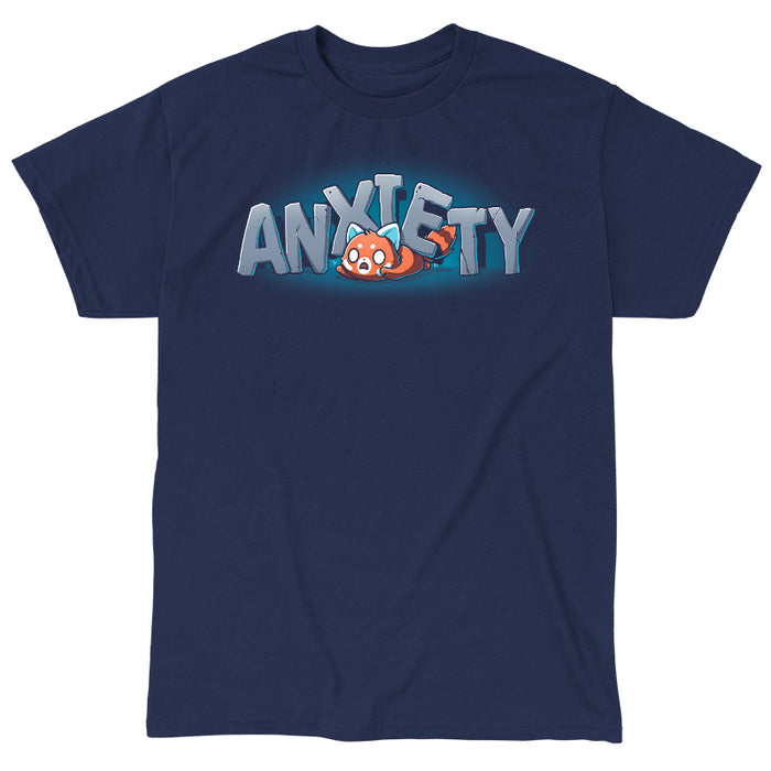 Classic Cotton T-shirt_TeeTurtle navy blue Crushing Anxiety featuring an anxious red panda being squished under giant letters made of stone that spell "Anxiety" on top of his body.