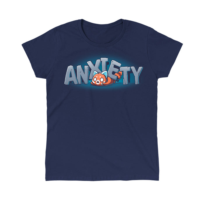 Classic Cotton T-shirt_TeeTurtle navy blue Crushing Anxiety featuring an anxious red panda being squished under giant letters made of stone that spell "Anxiety" on top of his body.