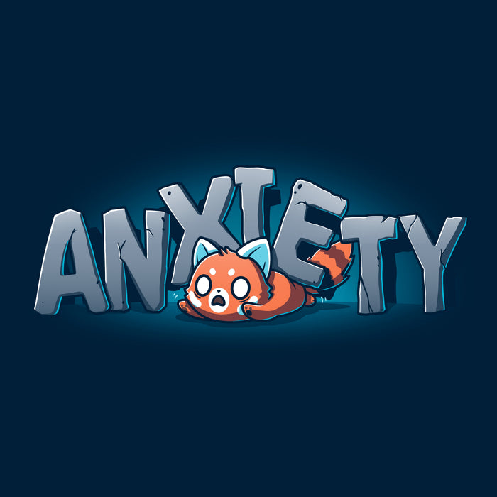 Long Sleeve T-shirt_TeeTurtle navy blue Crushing Anxiety featuring an anxious red panda being squished under giant letters made of stone that spell "Anxiety" on top of his body.