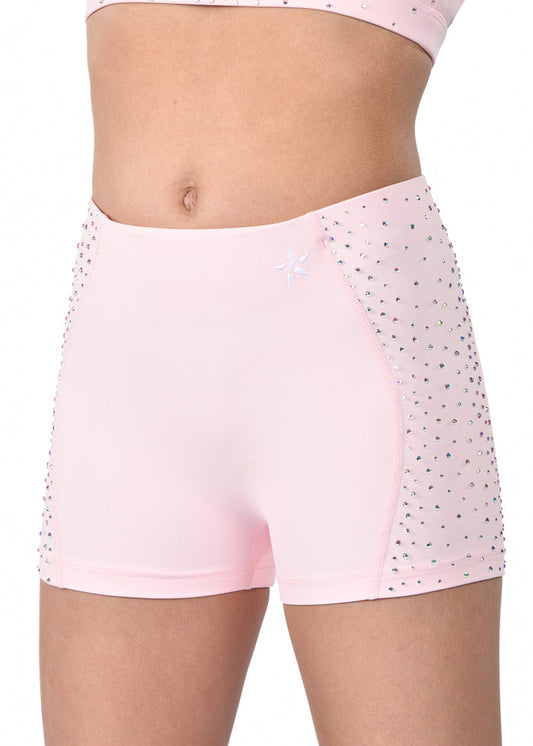 Pink athletic shorts with subtle pattern on a white background