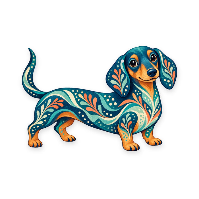 Dachshund folk art ornament O441 on white, laser-cut maple wood, made in USA