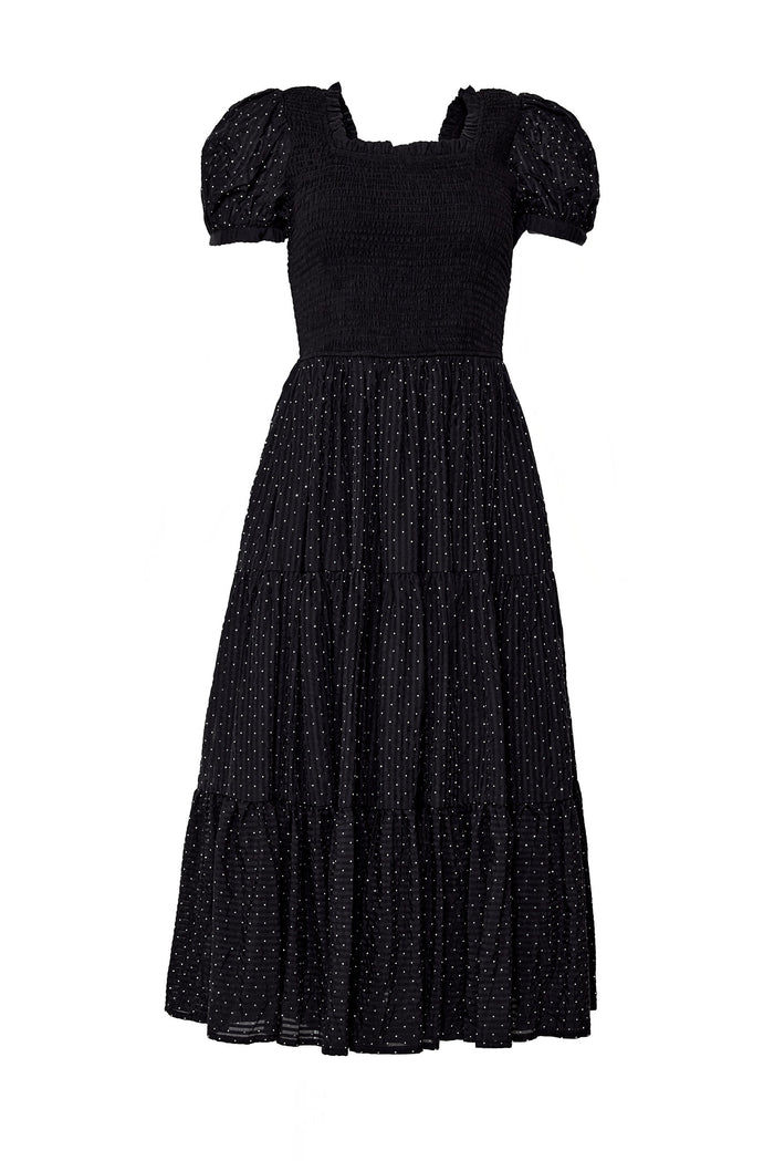 Black dress with puff sleeves on a white background