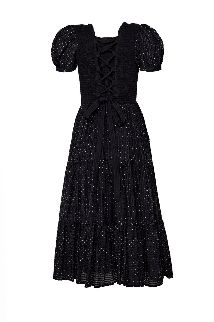 Black dress with puff sleeves on a white background