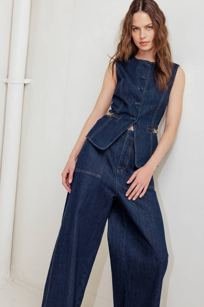 Style the Dark Denim Vest exclusively at Born To Glam