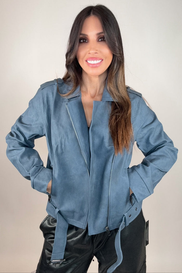 Style the Denim Blue Faux Leather Moto Jacket exclusively at Born To Glam