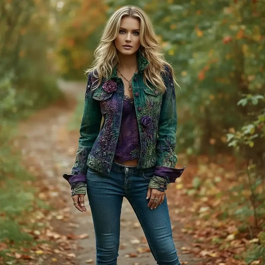 Denim jacket women back view with street fashion details