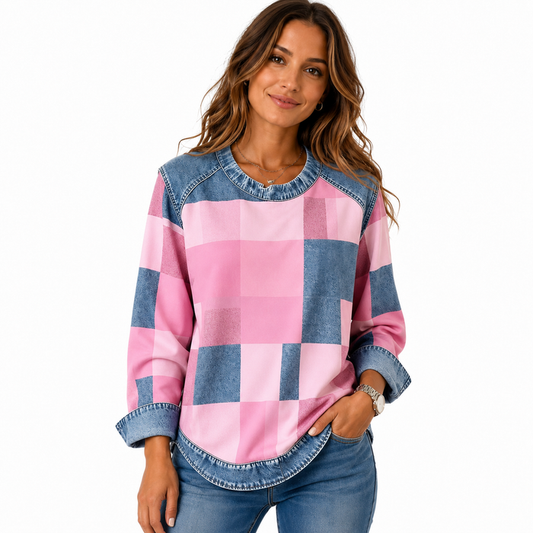 Patchwork sweatshirts women denim floral crewneck pullover with relaxed long sleeve fit