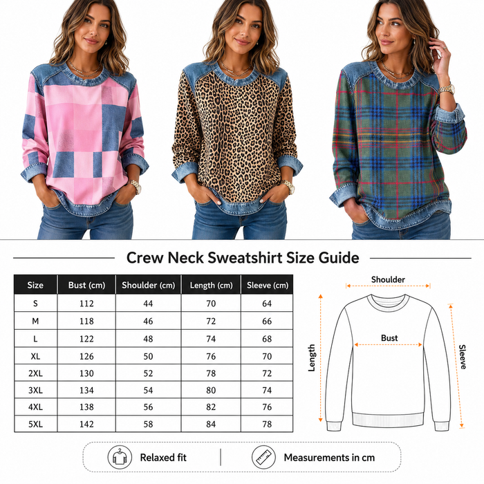 Denim patchwork sweatshirt women with embossed floral texture and soft polyester fabric