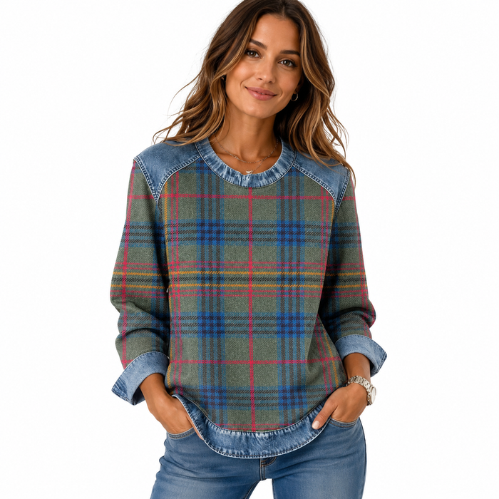 Women casual sweatshirt with denim patchwork detail and classic crewneck pullover design