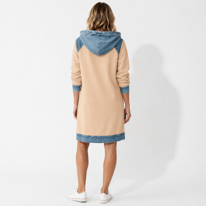 Color matching hoodie skirt set for women with fake two-piece styling, and a coordinated streetwear look for weekend styling.