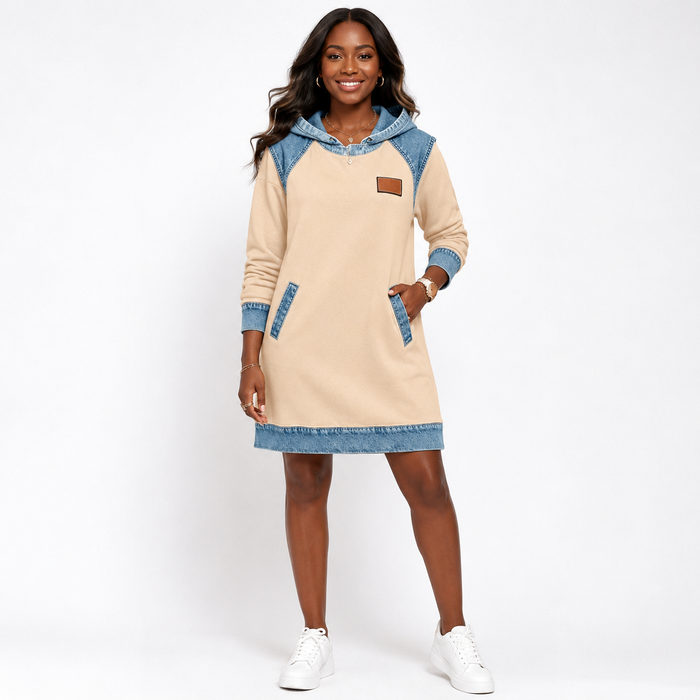 Denim color block skirt set for women with color contrast panels, and a coordinated streetwear look for multi-season outfits.