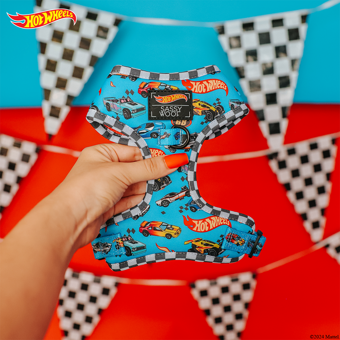 A hand holds the Sassy Woof Dog Adjustable Harness - Hot Wheels™, featuring car and logo prints. Black-and-white checkered pennant banners hang in the background against a vibrant red and blue wall.