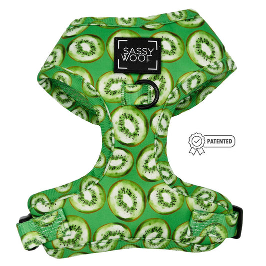 The Dog Adjustable Harness - Kiwi Krazy by Sassy Woof features a green, kiwi fruit print and front brand label, plus a patented icon shown next to this adjustable harness.
