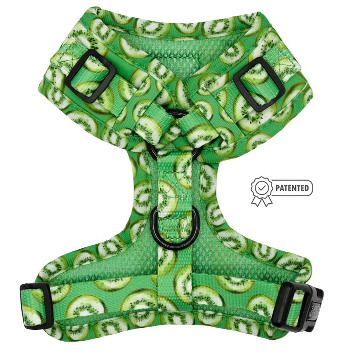 The Sassy Woof Dog Adjustable Harness - Kiwi Krazy features a green no-pull design with sliced kiwi patterns, black buckles, metal rings, and a small Patented badge on the right.