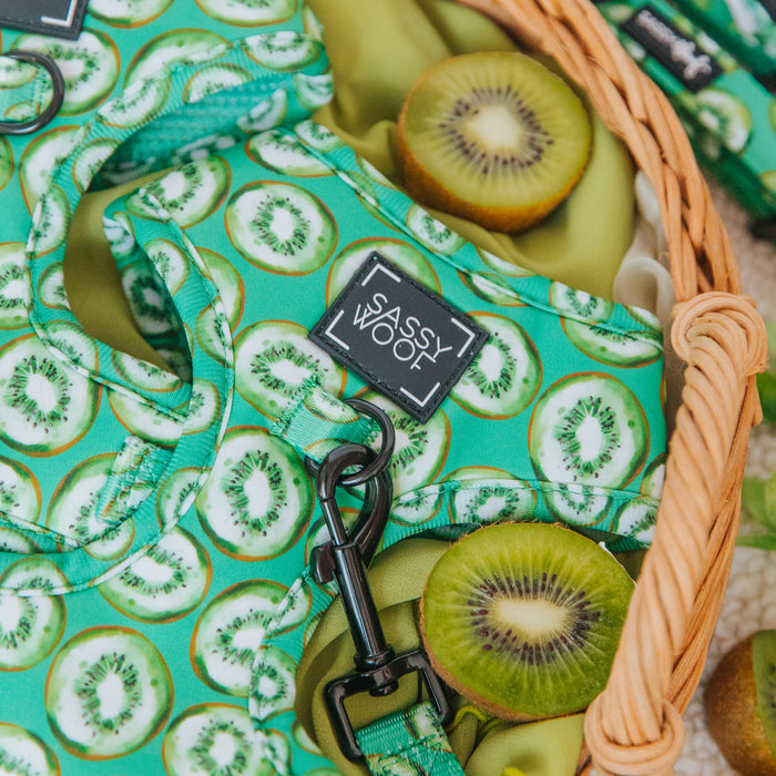 Close-up of the Sassy Woof Dog Adjustable Harness - Kiwi Krazy, featuring a kiwi fruit pattern and brand label, displayed in a basket with fresh sliced kiwi.