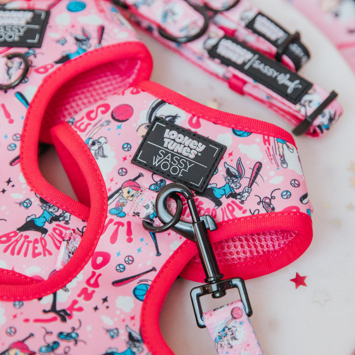 Close-up of the Sassy Woof Dog Adjustable Harness - Looney Tunes™ Pink, with playful graphics, vibrant labels, and leash—ideal for pups on the Puppy Growth Pawtection Plan.