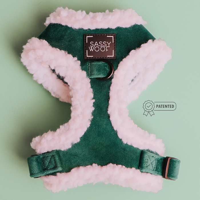 A green and white furry vest, perfect as a festive holiday accessory or layered over your pup’s Sassy Woof Dog Adjustable Harness – Nice.