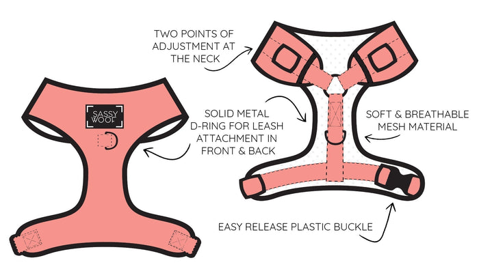 Diagram of the Sassy Woof Dog Adjustable Harness - SpongeBob SquarePants™ Bikini Bottom in pink, showing two neck adjustment points, solid metal D-rings front/back, easy-release buckle, and soft breathable mesh.