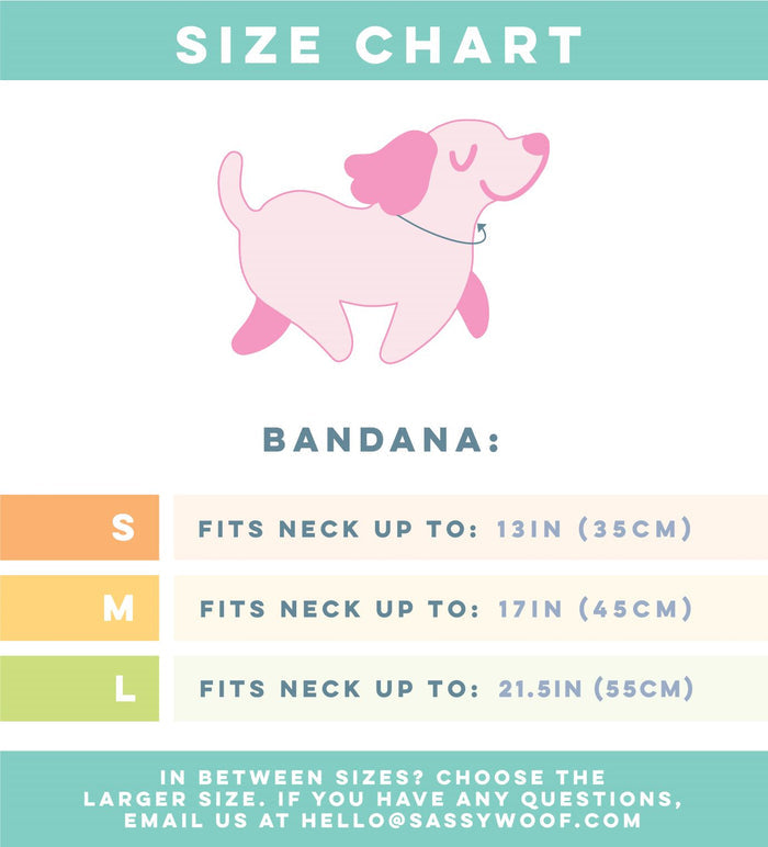 Size chart for the Sassy Woof Dog Bandana - Scooby-Doo™: S fits necks up to 13", M up to 17", L up to 21.5". Coordinates perfectly with our dog collars! Sizing tips and contact info provided below. Pink dog illustration above size options.