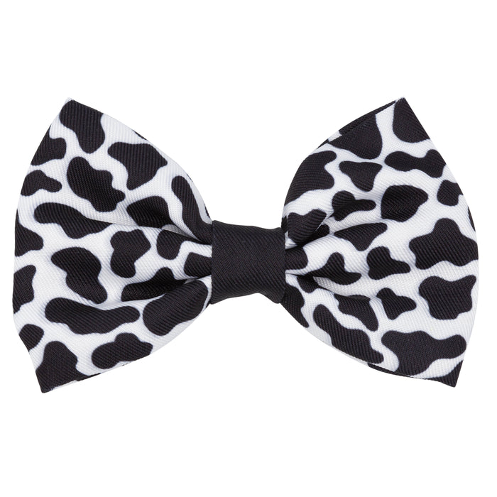 The Sassy Woof Dog Bowtie - Whole Milk features a charming black and white cow print with irregular spots on a crisp white backdrop, making it the perfect accessory to add a touch of playful style to your pet’s look.