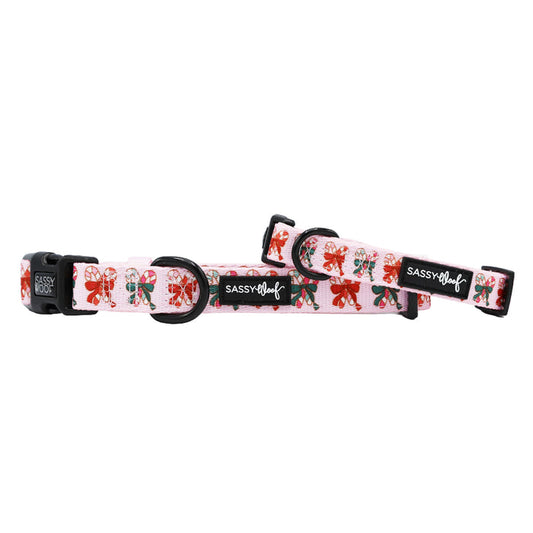 Two Dog Collar - Candy Cane Coquette accessories by Sassy Woof: pink, adjustable, with festive red, green & white candy cane bows. Both feature black plastic buckles, rings, and a black Sassy Woof label.