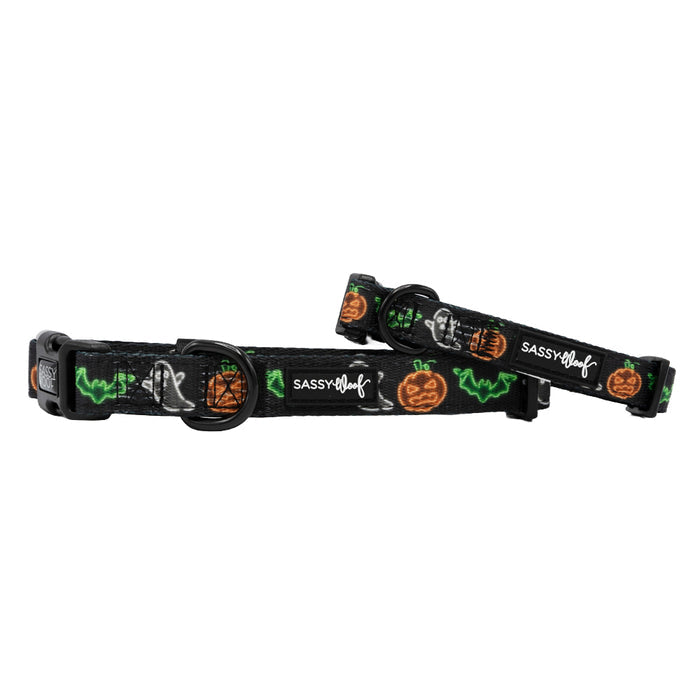Two black Sassy Woof Dog Collar - Neon Frights, each with Halloween designs—pumpkins, ghosts, bats, and spider webs in neon orange, green, and white. Includes the Puppy Growth Pawtection Plan.