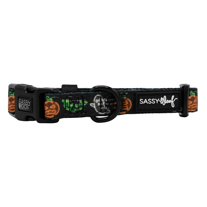 The Sassy Woof Dog Collar - Neon Frights is a black adjustable collar with green leaves, orange pumpkins, and white ghosts. It features a plastic buckle, metal D-ring, and a rectangular Sassy Woof logo patch.