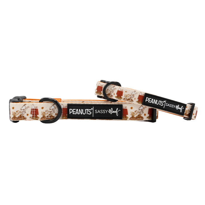 Two adjustable Sassy Woof dog collars—Peanuts™ Harvest edition—are shown against a white background, making them the perfect choice for pets on the Puppy Growth Pawtection Plan.
