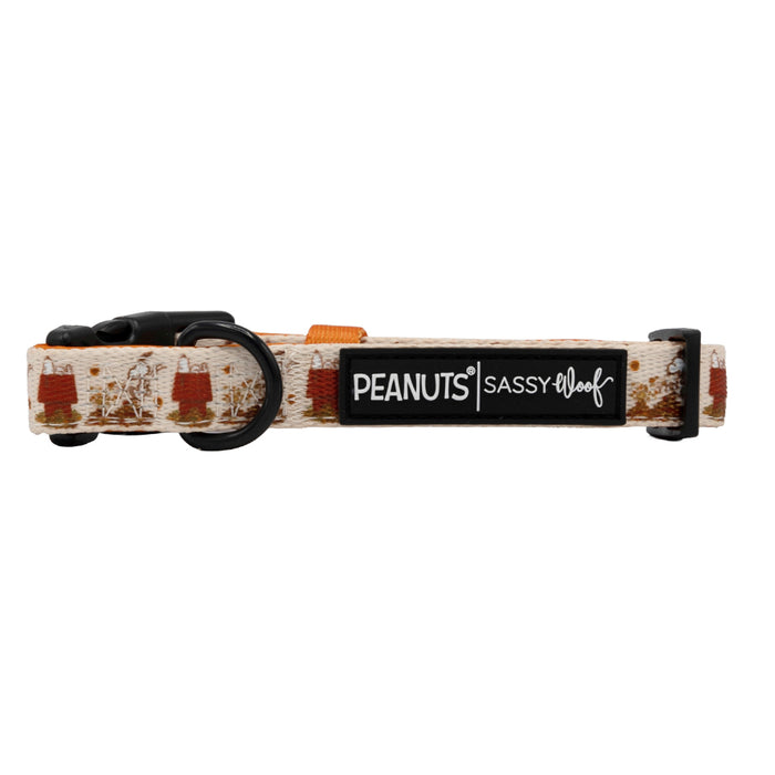 The Sassy Woof Dog Collar - Peanuts™ Harvest features a repeating Snoopy doghouse pattern, black buckle, and PEANUTS | SASSY WOOF label on a white background—an adjustable collar perfect for your pup's style.
