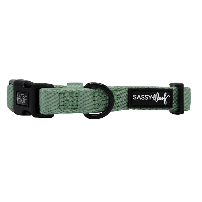 The Sassy Woof Dog Collar - Sage features an adjustable design, black plastic buckle, black D-ring, and the Sassy Woof logo patch—ideal for every puppy's growth.