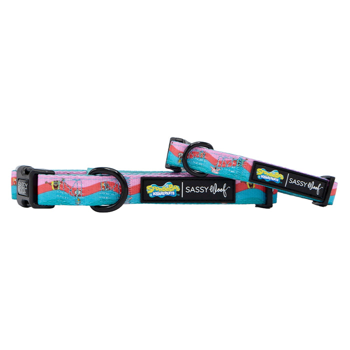 Set of two Sassy Woof Dog Collar - SpongeBob SquarePants™ and Friends, adjustable with pink, blue, and teal stripes plus black hardware—fun, colorful collars perfect for SpongeBob fans and their pups.