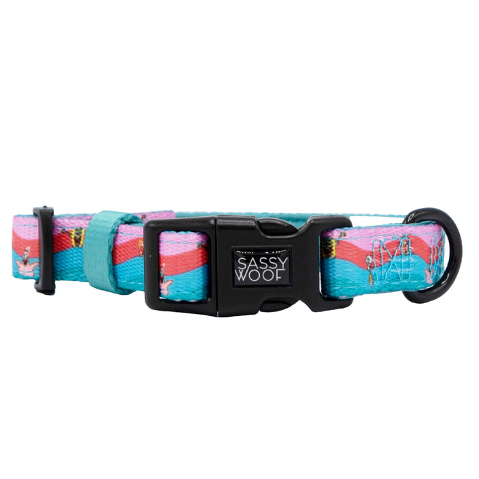 The Sassy Woof Dog Collar - SpongeBob SquarePants™ and Friends features a teal, pink, and red striped adjustable design, black plastic buckle with logo, plus a black D-ring for leashes—ideal for fans of Bikini Bottom dog gear!.