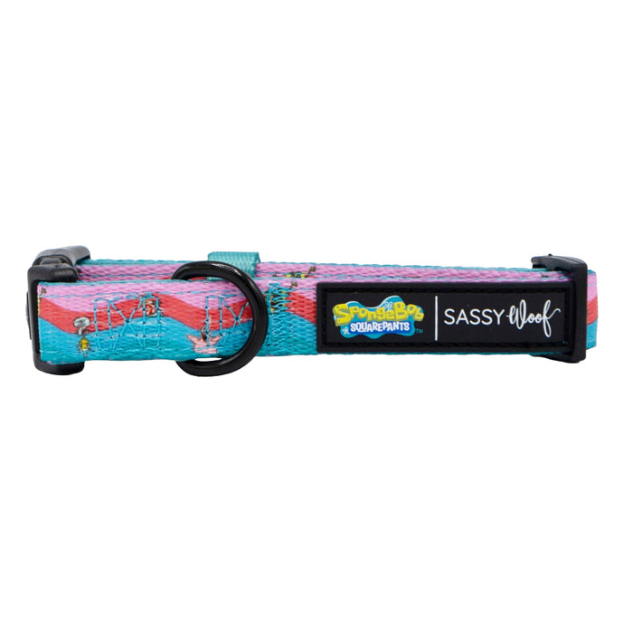 The Sassy Woof Dog Collar - SpongeBob SquarePants™ and Friends features a blue and pink pattern, black plastic buckle, sturdy metal D-ring, and the iconic logo—perfect Bikini Bottom style for your pup.