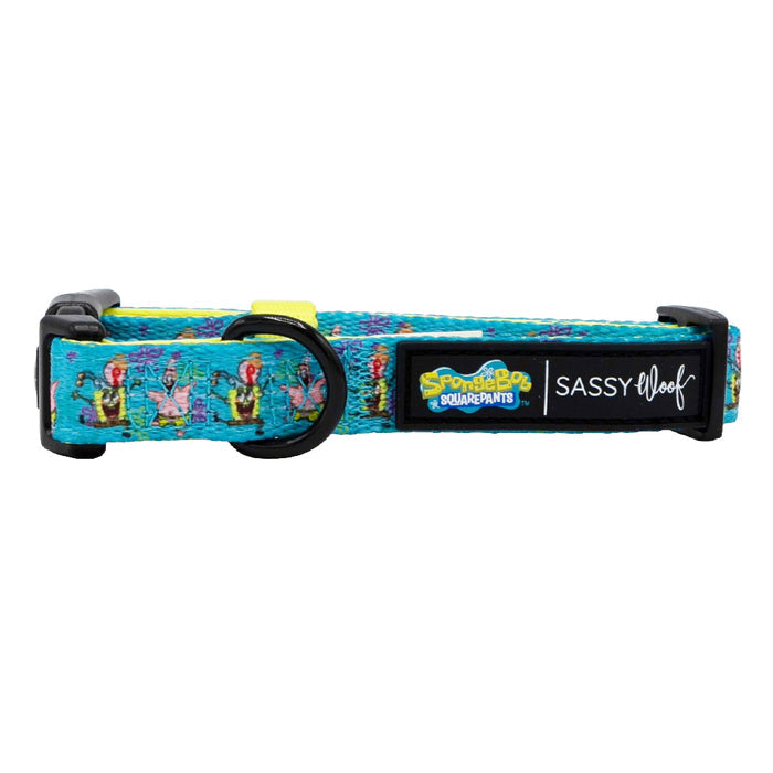 The Sassy Woof Dog Collar – SpongeBob SquarePants™ Jelly Fishin' features colorful SpongeBob patterns and black clasps—perfect for pups on the Puppy Growth Pawtection Plan.