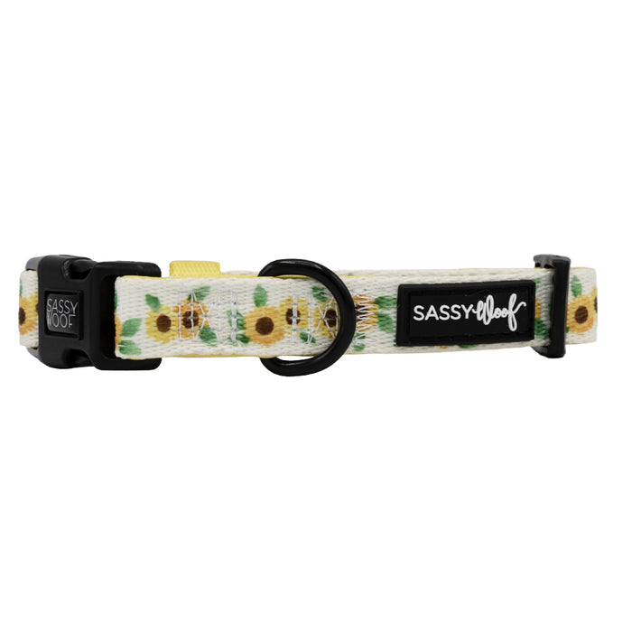 The Dog Collar - Sunflower Dreams by Sassy Woof features a black brand label, sturdy black buckle, and metal D-ring. This adjustable collar is stylish and secure for your pup.