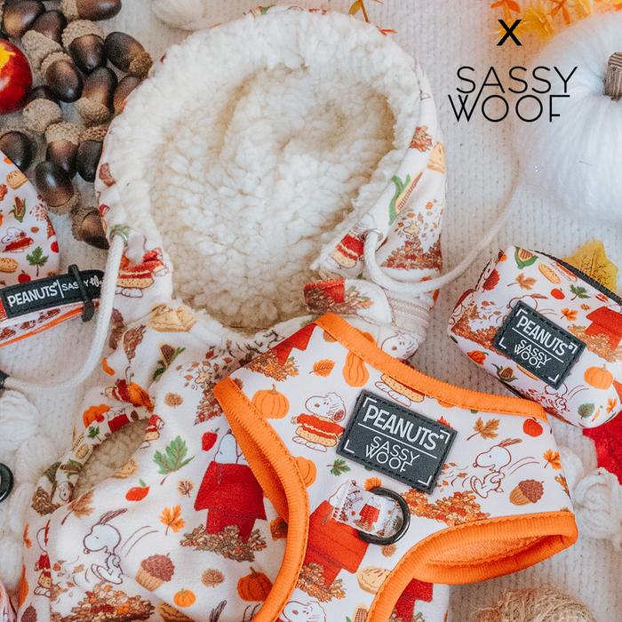 Dress your dog for fall with the Sassy Woof Dog Reversible Sherpa Jacket - Peanuts™ Harvest, featuring Snoopy, autumn-themed designs, and cozy warmth—a perfect accessory for seasonal walks.
