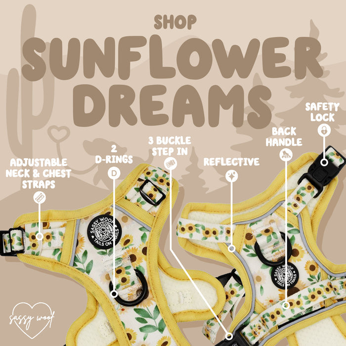 The Sassy Woof Dog Step-In Harness - Sunflower Dreams features yellow and white sunflowers, adjustable neck/chest straps, 2 D-rings, 3 buckle step-in design, reflective accents, back handle, and safety lock. "Shop Sunflower Dreams" appears at the top.