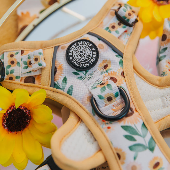 A close-up of the Sassy Woof Dog Step-In Harness - Sunflower Dreams, showing its sunflower pattern, Tails On Trails label, reflective straps, and surrounded by bright yellow artificial sunflowers.